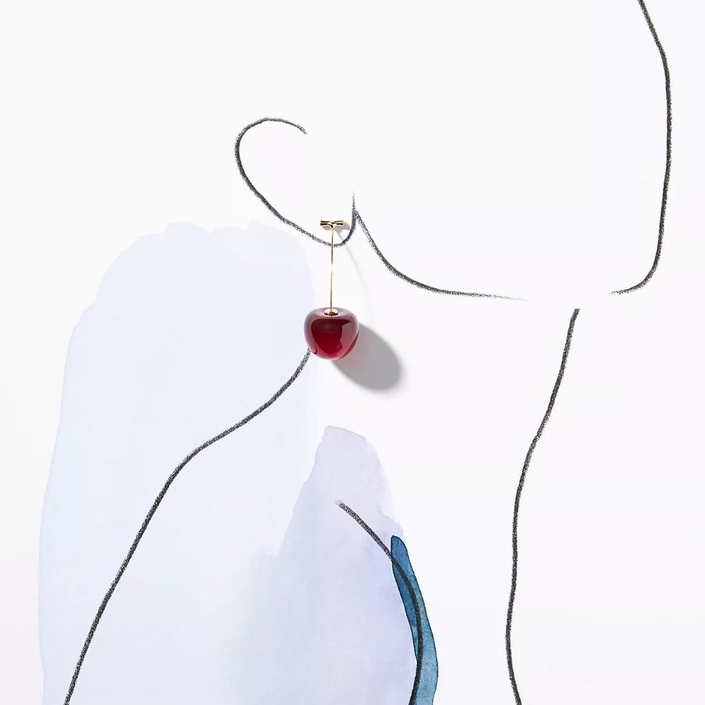 Earrings Cherry Red Drop Dangle 14K Gold Plated Ornament Bomb Sexy Glam Trendy - Picture 5 of 7